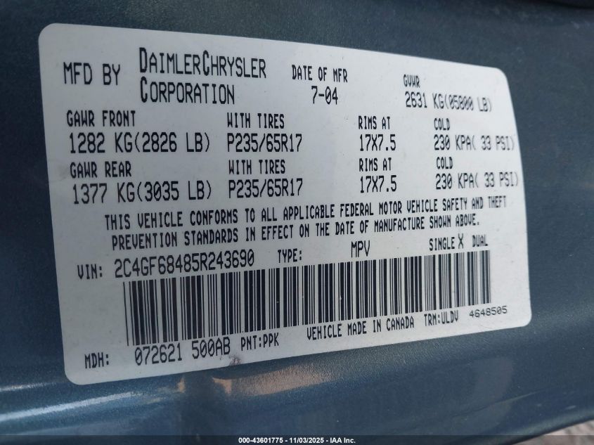 2005 Chrysler Pacifica Touring VIN: 2C4GF68485R243690 Lot: 43601775