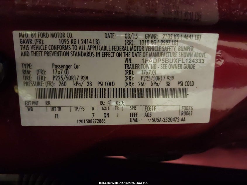 2015 Ford C-Max Hybrid Sel VIN: 1FADP5BUXFL124333 Lot: 43601780