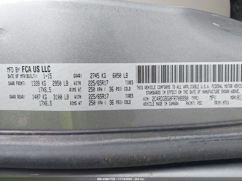 2015 Dodge Grand Caravan American Value Pkg VIN: 2C4RDGBG0FR708990 Lot: 43601785