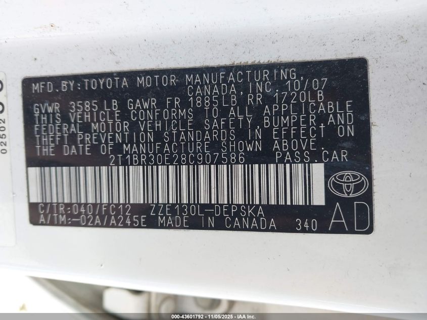 2008 Toyota Corolla S VIN: 2T1BR30E28C907586 Lot: 43601792