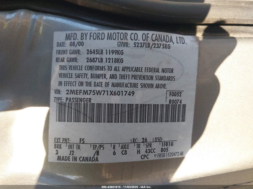 2001 Mercury Grand Marquis Ls VIN: 2MEFM75W71X601749 Lot: 43601815