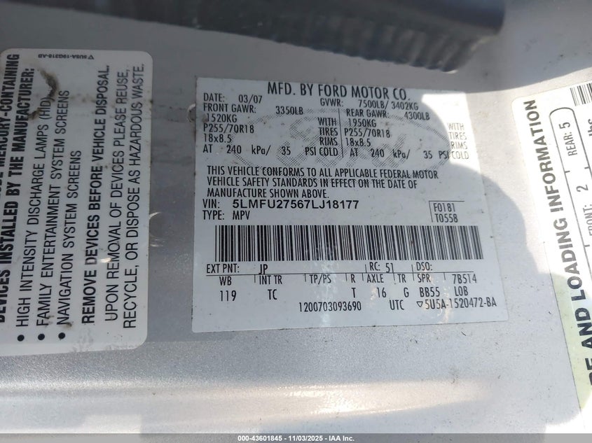 2007 Lincoln Navigator Ultimate VIN: 5LMFU27567LJ18177 Lot: 43601845