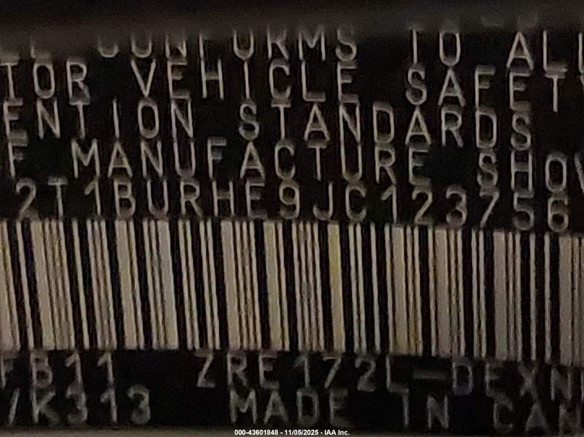 2018 Toyota Corolla Le VIN: 2T1BURHE9JC123756 Lot: 43601848