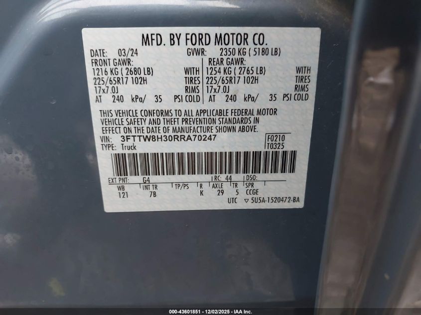 2024 Ford Maverick Xlt VIN: 3FTTW8H30RRA70247 Lot: 43601851