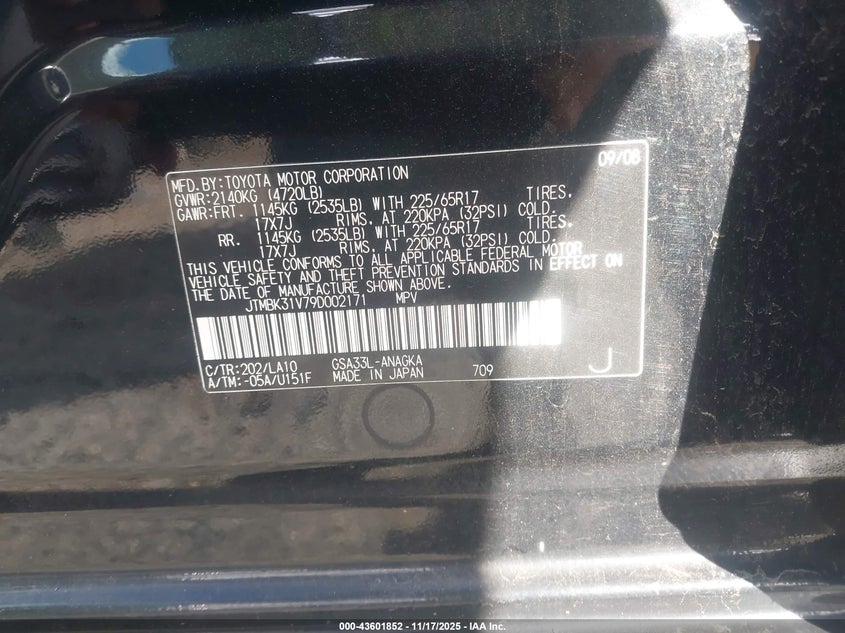 2009 Toyota Rav4 Limited V6 VIN: JTMBK31V79D002171 Lot: 43601852