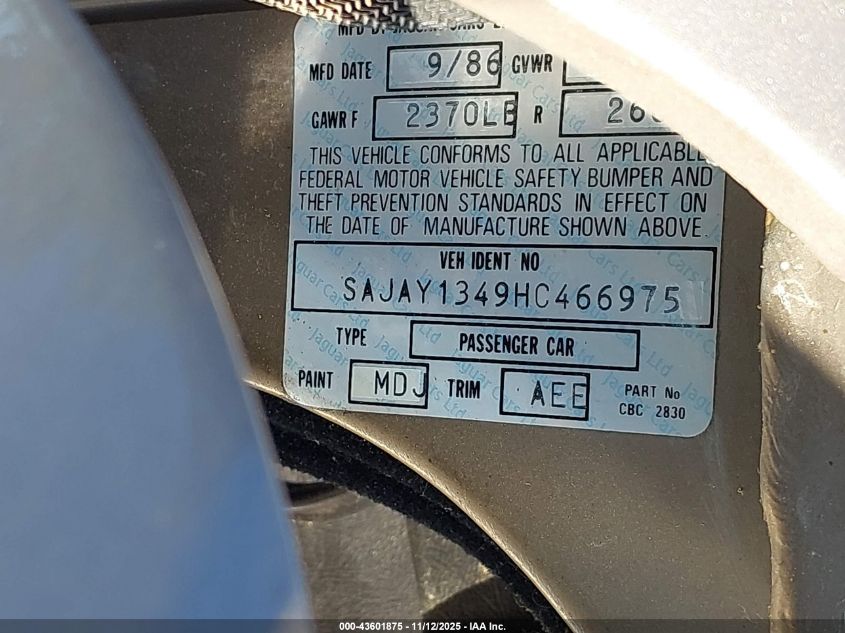 1987 Jaguar Xj6 Vanden Plas VIN: SAJAY1349HC466975 Lot: 43601875