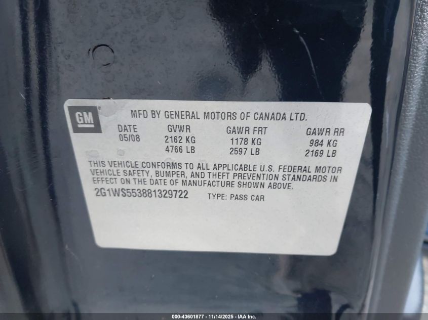 2008 Chevrolet Impala Police VIN: 2G1WS553881329722 Lot: 43601877