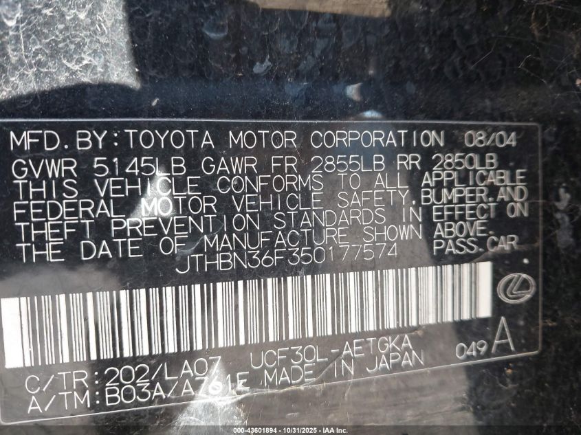 2005 Lexus Ls 430 VIN: JTHBN36F350177574 Lot: 43601894