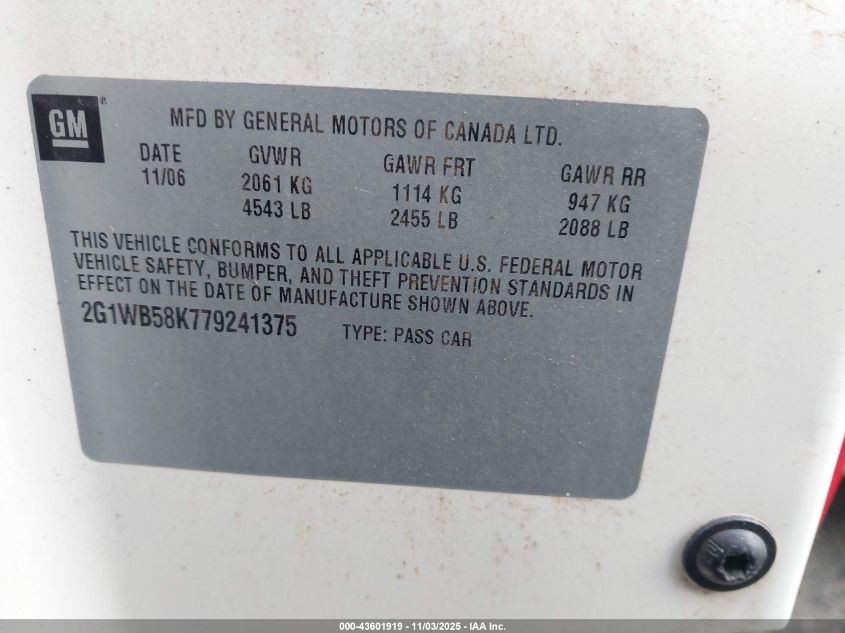 2007 Chevrolet Impala Ls VIN: 2G1WB58K779241375 Lot: 43601919