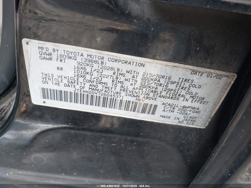 2002 Toyota Rav4 VIN: JTEHH20V726045371 Lot: 43601935