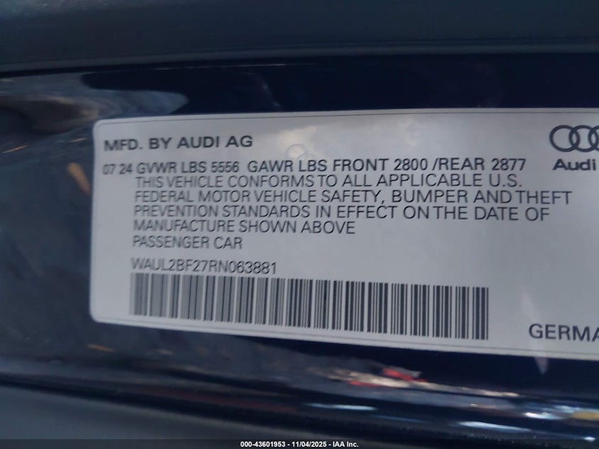 VIN WAUL2BF27RN063881 2024 AUDI A6 PREMIUM PLUS 55 TFSI QUATTRO S TRONIC