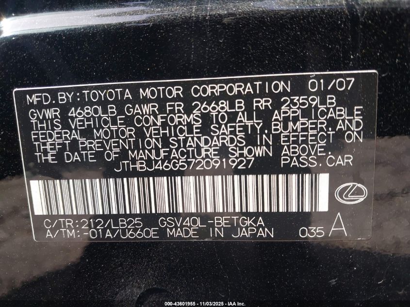 2007 Lexus Es 350 VIN: JTHBJ46G572091927 Lot: 43601955