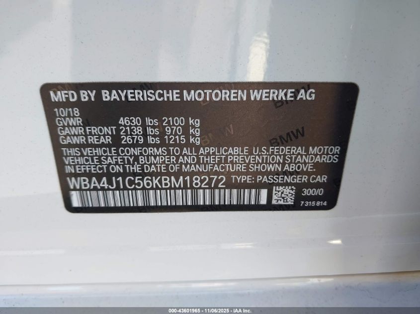 2019 BMW 430I Gran Coupe VIN: WBA4J1C56KBM18272 Lot: 43601965