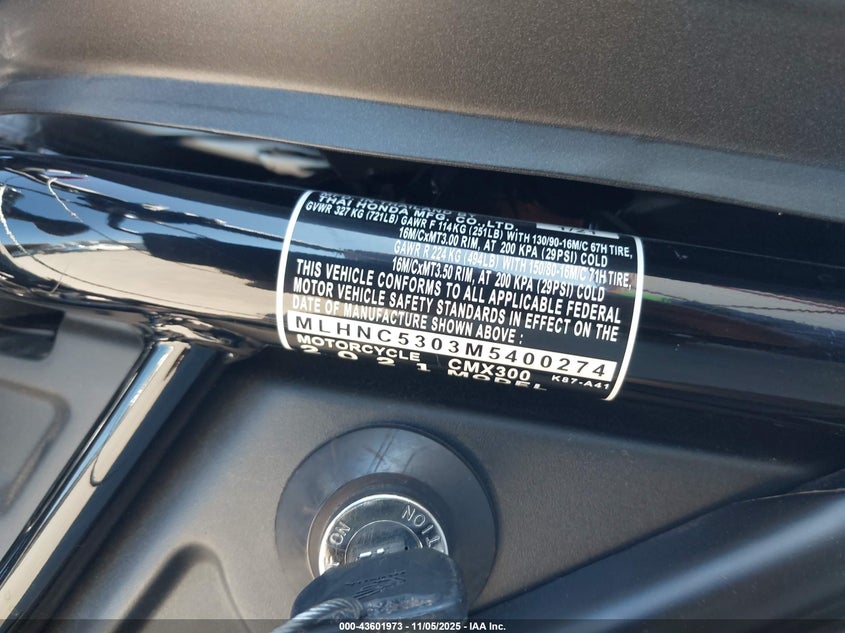 2021 Honda Cmx300 VIN: MLHNC5303M5400274 Lot: 43601973