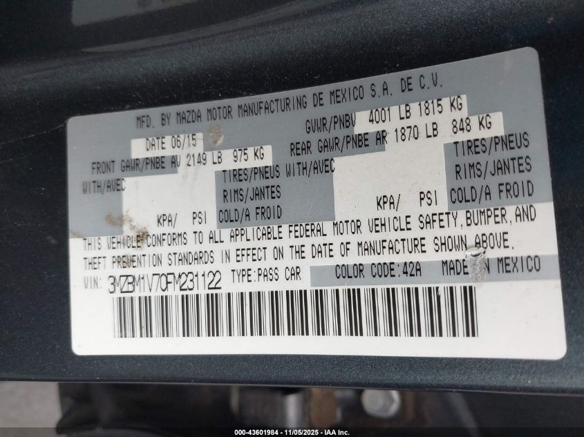 2015 Mazda Mazda3 I Touring VIN: 3MZBM1V70FM231122 Lot: 43601984