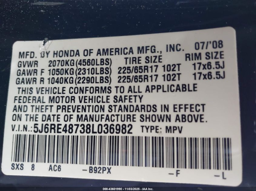 2008 Honda Cr-V Ex-L VIN: 5J6RE48738L036982 Lot: 43601990