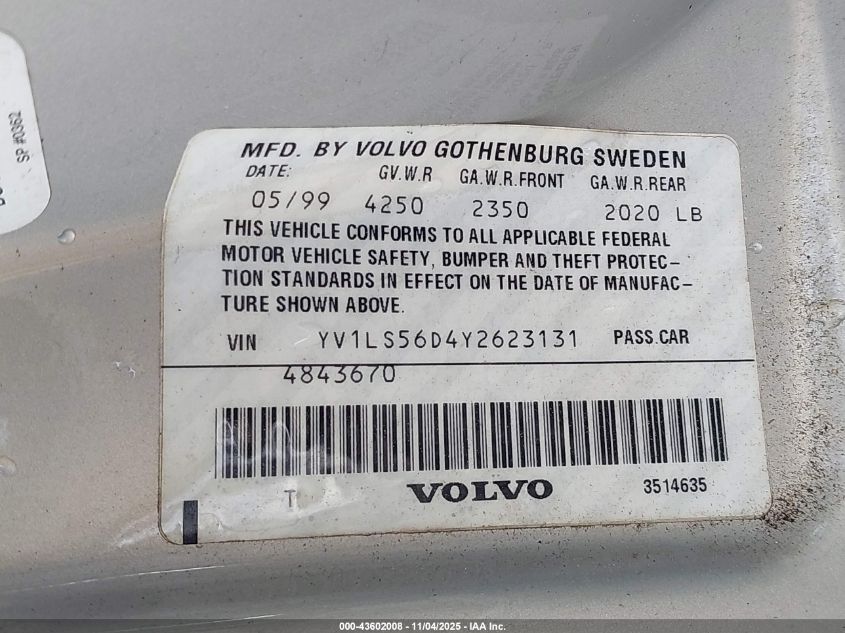 2000 Volvo S70 Glt/Glt Se VIN: YV1LS56D4Y2623131 Lot: 43602008