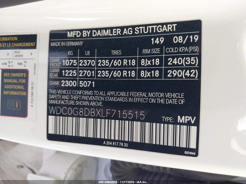 2020 Mercedes-Benz Glc 300 VIN: WDC0G8DBXLF715515 Lot: 43602015