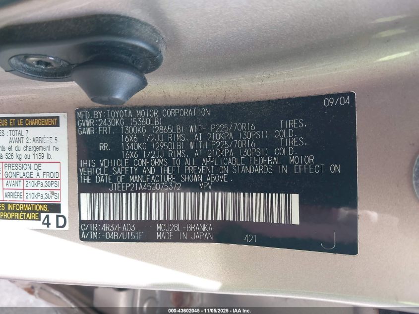 2005 Toyota Highlander V6 VIN: JTEEP21A450075372 Lot: 43602045