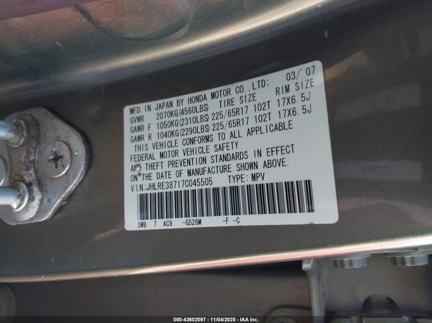 2007 Honda Cr-V Ex-L VIN: JHLRE38717C045505 Lot: 43602097