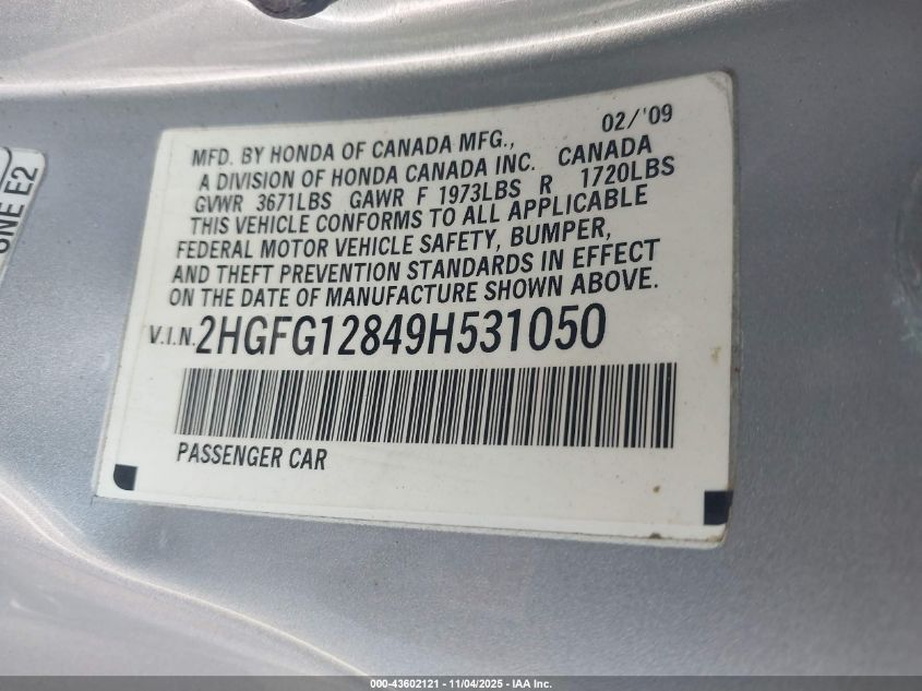 2009 Honda Civic Ex VIN: 2HGFG12849H531050 Lot: 43602121