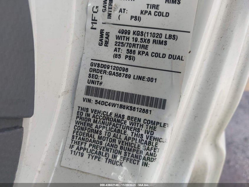 2019 Isuzu Npr Hd VIN: 54DC4W1B8KS812881 Lot: 43602146