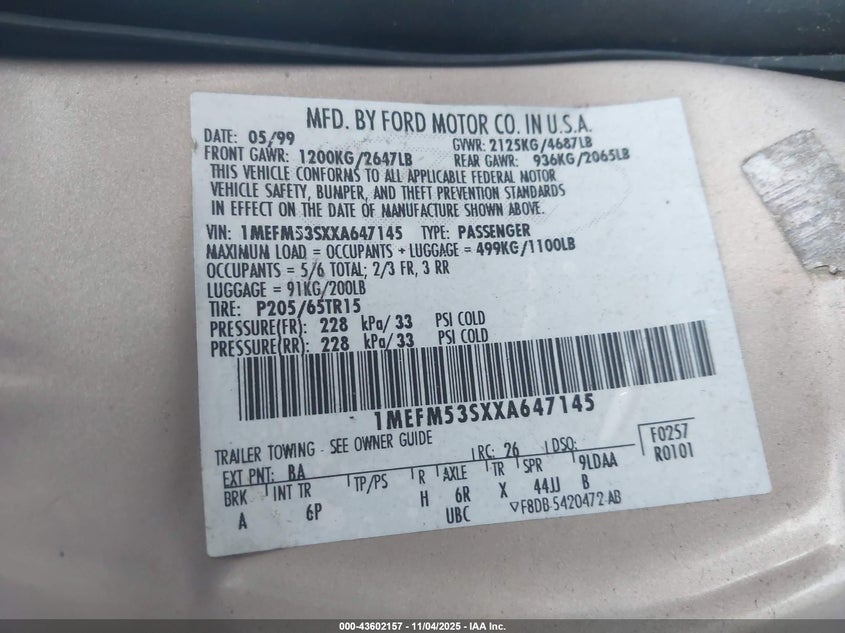 1999 Mercury Sable Ls VIN: 1MEFM53SXXA647145 Lot: 43602157