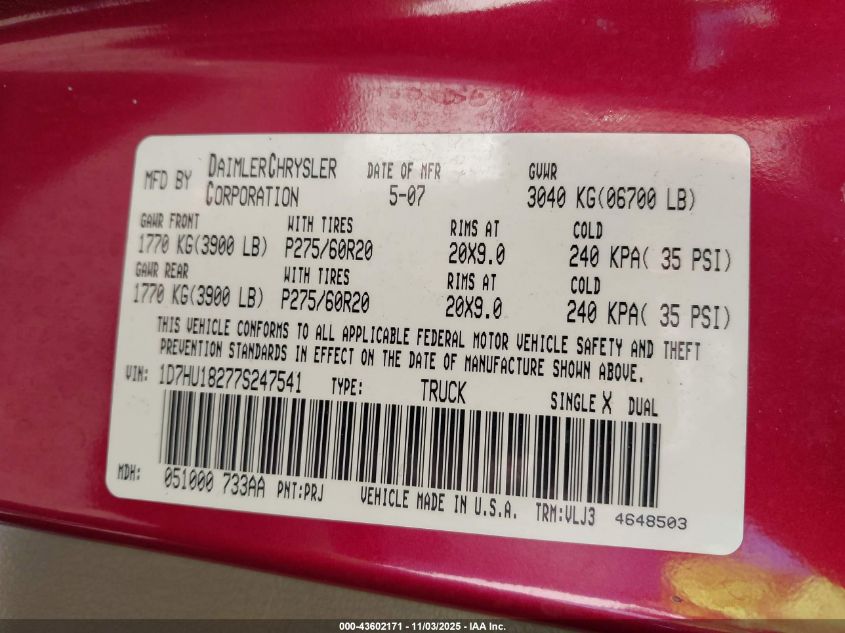 2007 Dodge Ram 1500 Laramie VIN: 1D7HU18277S247541 Lot: 43602171