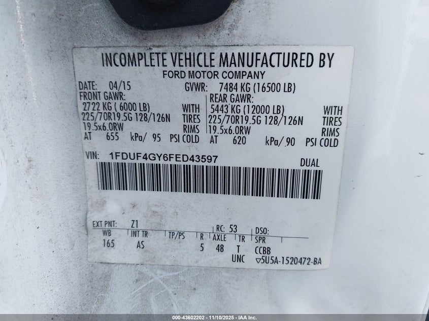 2015 Ford F-450 Chassis Xl VIN: 1FDUF4GY6FED43597 Lot: 43602202