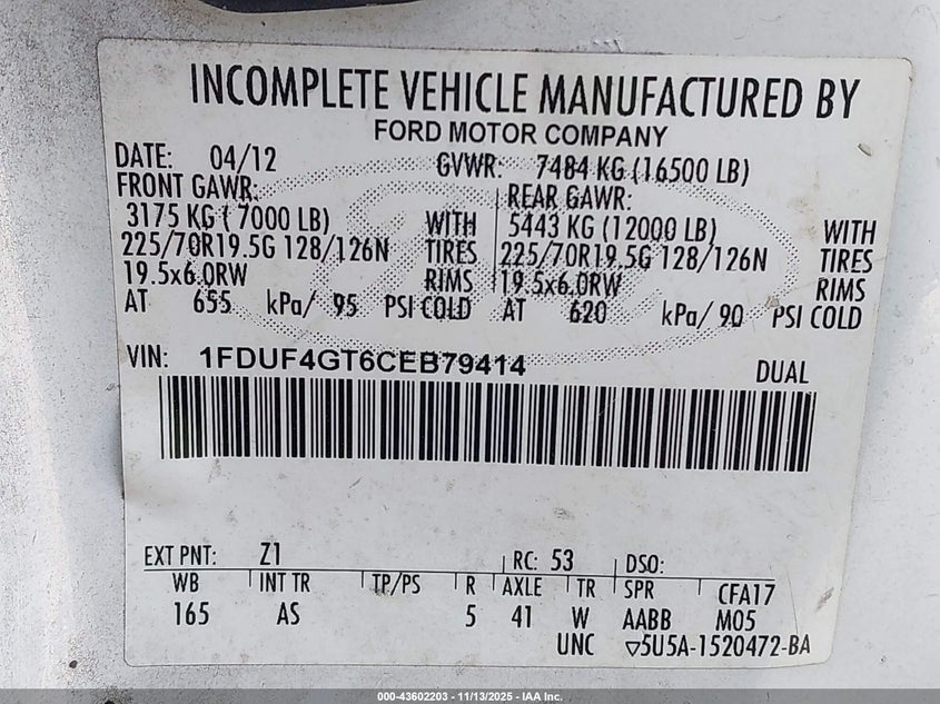 2012 Ford F-450 Chassis Xl VIN: 1FDUF4GT6CEB79414 Lot: 43602203