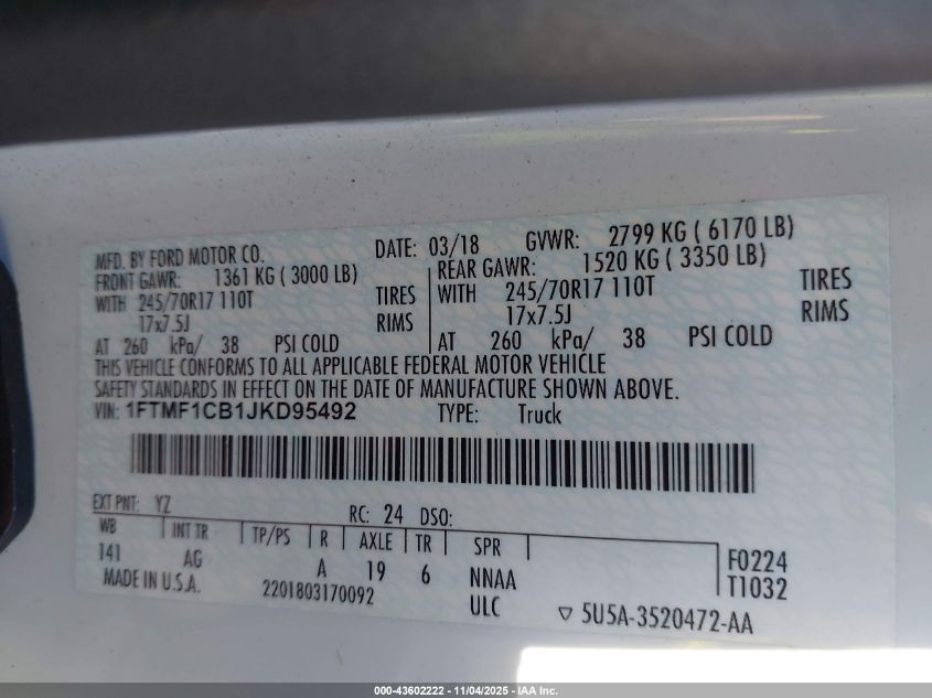 2018 Ford F-150 Xl VIN: 1FTMF1CB1JKD95492 Lot: 43602222