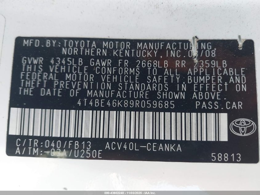 2009 Toyota Camry Le VIN: 4T4BE46K89R059685 Lot: 43602248