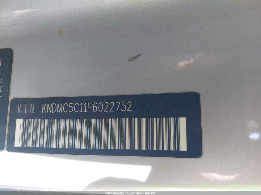 2015 Kia Sedona Ex VIN: KNDMC5C11F6022752 Lot: 43602253