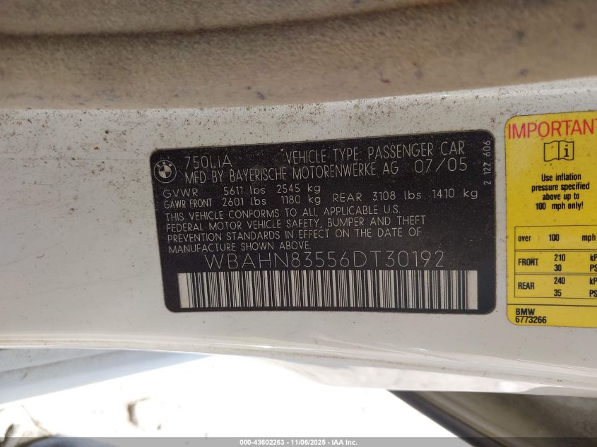 2006 BMW 750Li VIN: WBAHN83556DT30192 Lot: 43602263