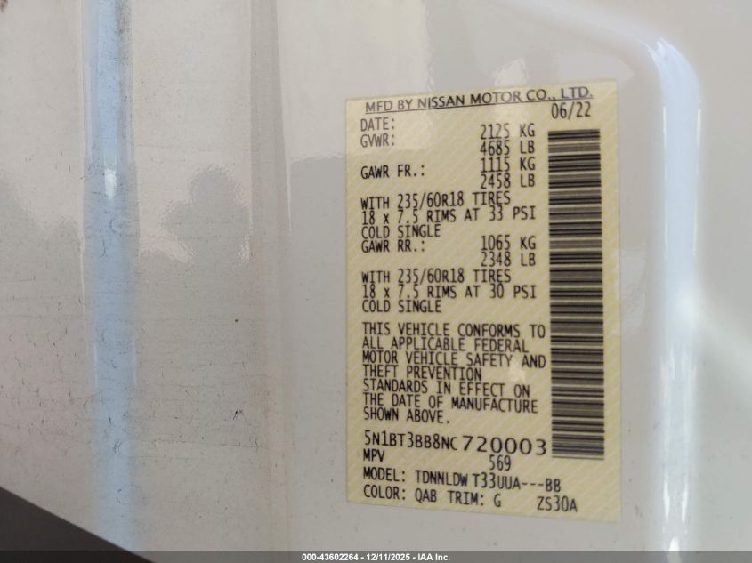 2022 Nissan Rogue Sv VIN: 5N1BT3BB8NC720003 Lot: 43602264