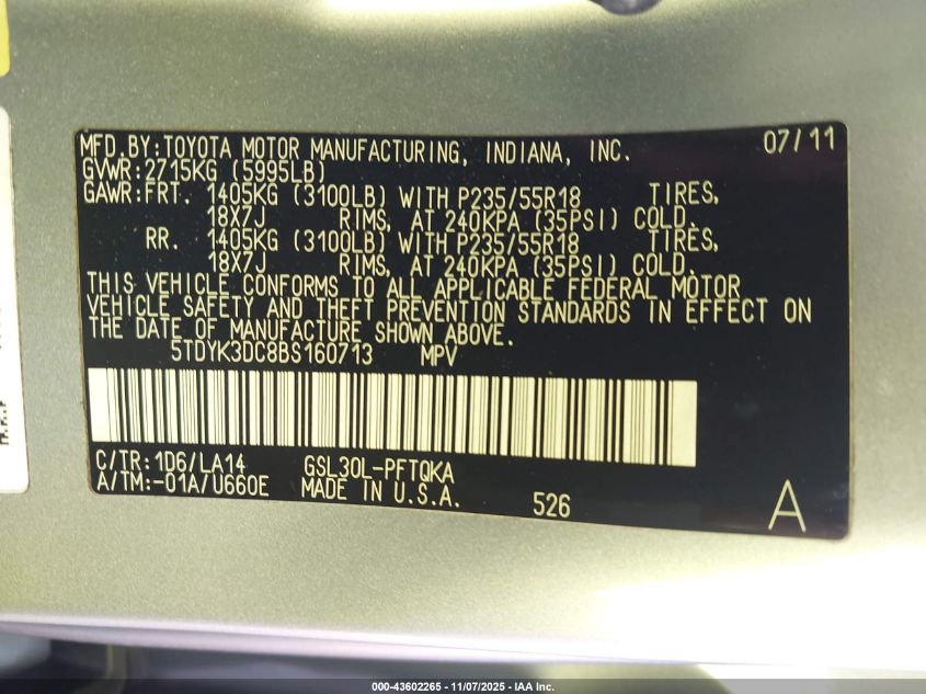 2011 Toyota Sienna Limited V6 VIN: 5TDYK3DC8BS160713 Lot: 43602265