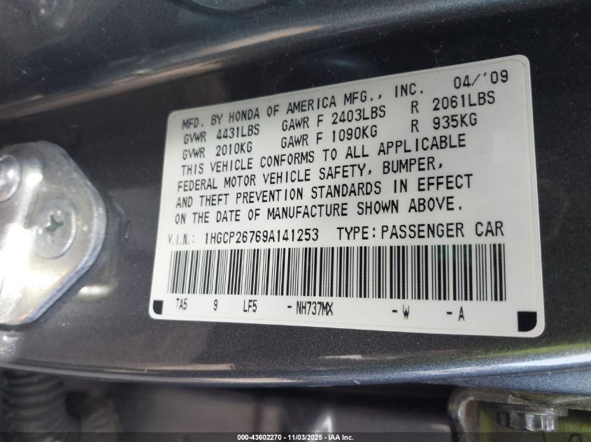 2009 Honda Accord 2.4 Ex VIN: 1HGCP26769A141253 Lot: 43602270