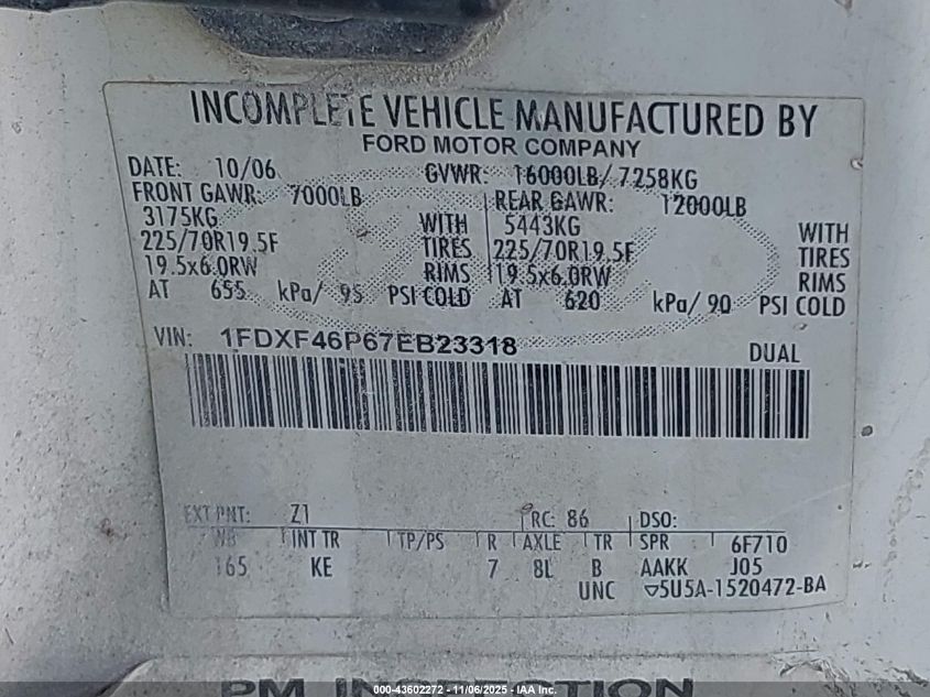 2007 Ford F-450 Chassis Xl/Xlt VIN: 1FDXF46P67EB23318 Lot: 43602272