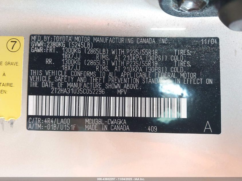 2005 Lexus Rx 330 VIN: 2T2HA31U35C052296 Lot: 43602297