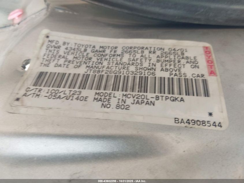 2001 Lexus Es 300 VIN: JT8BF28G910329106 Lot: 43602298