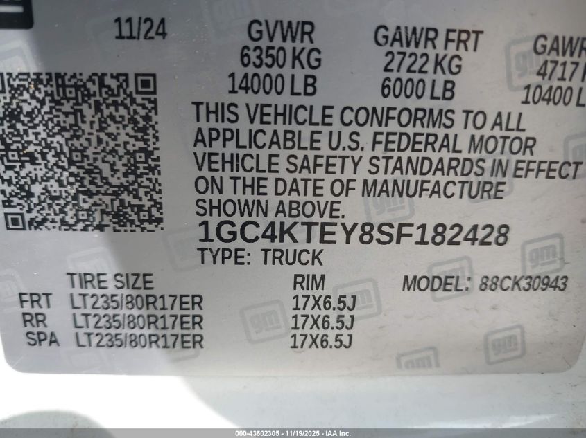 2025 Chevrolet Silverado 3500Hd 4Wd Long Bed Lt VIN: 1GC4KTEY8SF182428 Lot: 43602305