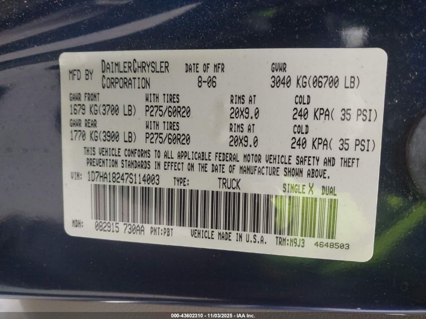 2007 Dodge Ram 1500 Slt VIN: 1D7HA18247S114003 Lot: 43602310