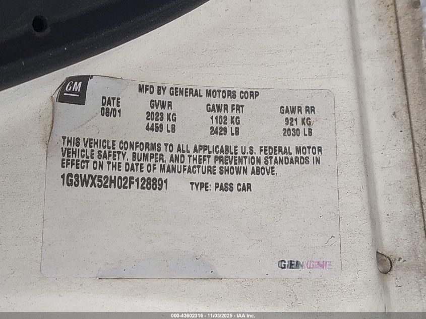 2002 Oldsmobile Intrigue Gls VIN: 1G3WX52H02F128891 Lot: 43602316