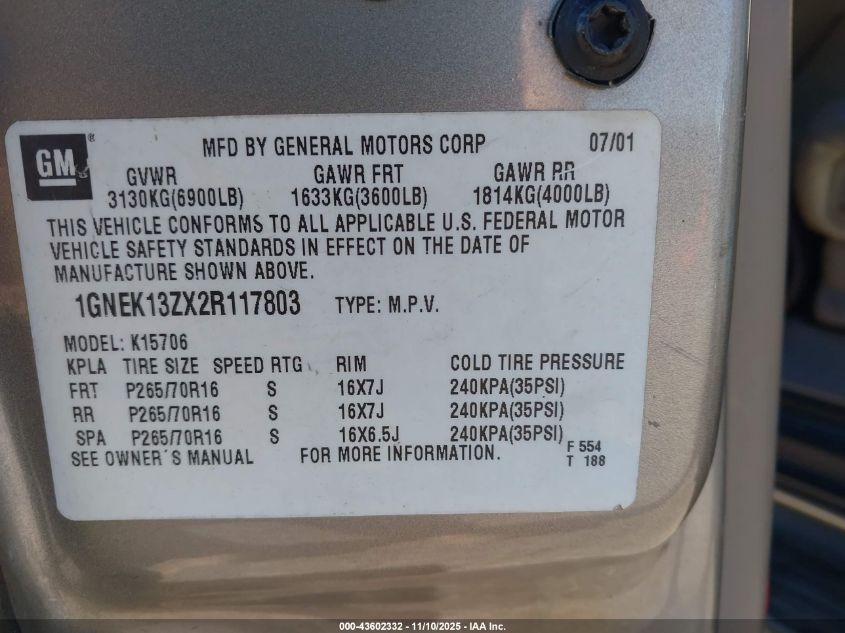 2002 Chevrolet Tahoe Lt VIN: 1GNEK13ZX2R117803 Lot: 43602332