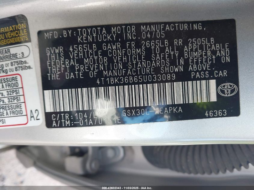 2005 Toyota Avalon Limited VIN: 4T1BK36B65U033089 Lot: 43602343