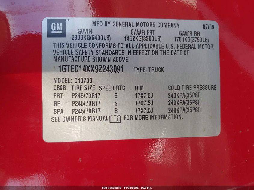 2009 GMC Sierra 1500 Work Truck VIN: 1GTEC14XX9Z243091 Lot: 43602370