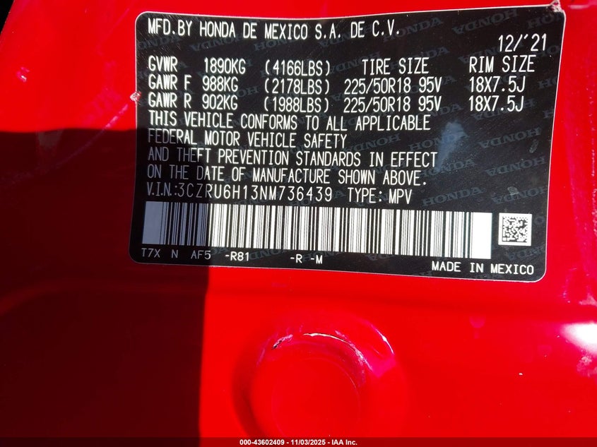 2022 HONDA HR-V AWD SPORT - 3CZRU6H13NM736439