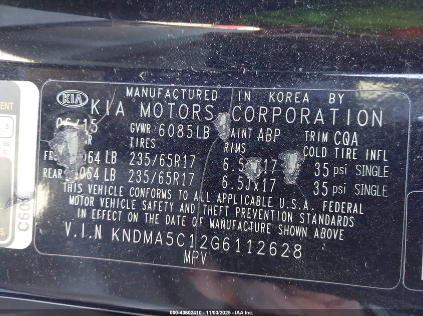 2016 KIA SEDONA L KNDMA5C12G6112628