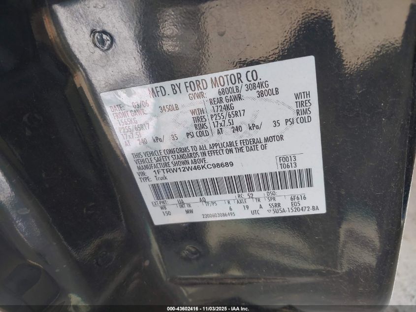 2006 Ford F-150 Xlt VIN: 1FTRW12W46KC98689 Lot: 43602416