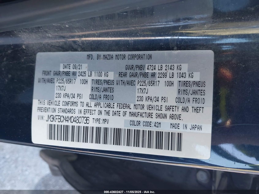 2021 MAZDA CX-5 TOURING - JM3KFBCM4M0480736